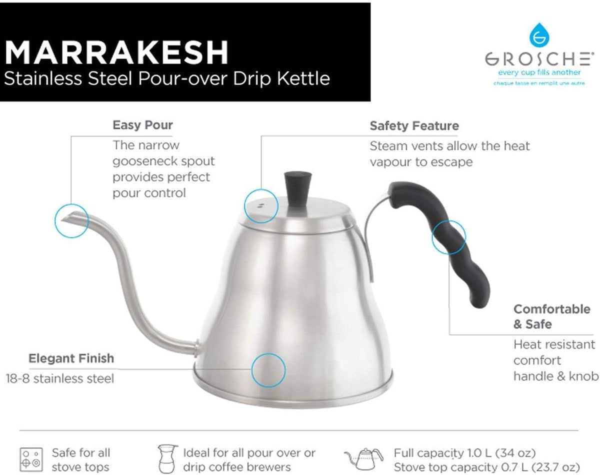 Grosche- MARRAKESH Stainless Steel Pour Over Drip Kettle Boston Bean Coffee Co.