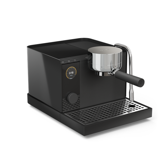 Black espresso machine with a silver handle on a transparent background
